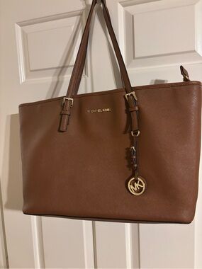 Michael Kors Brown Saffiano Leather Tote with Gold MK Charm